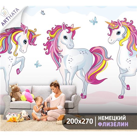 Фотообои на стену детские - сказочный единорог - 200x270 - Обои винил на флизелине моющиеся для девочки или мальчика.