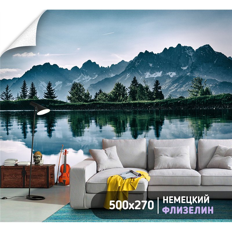 Фотообои горное озеро на закате для спальни 500х270