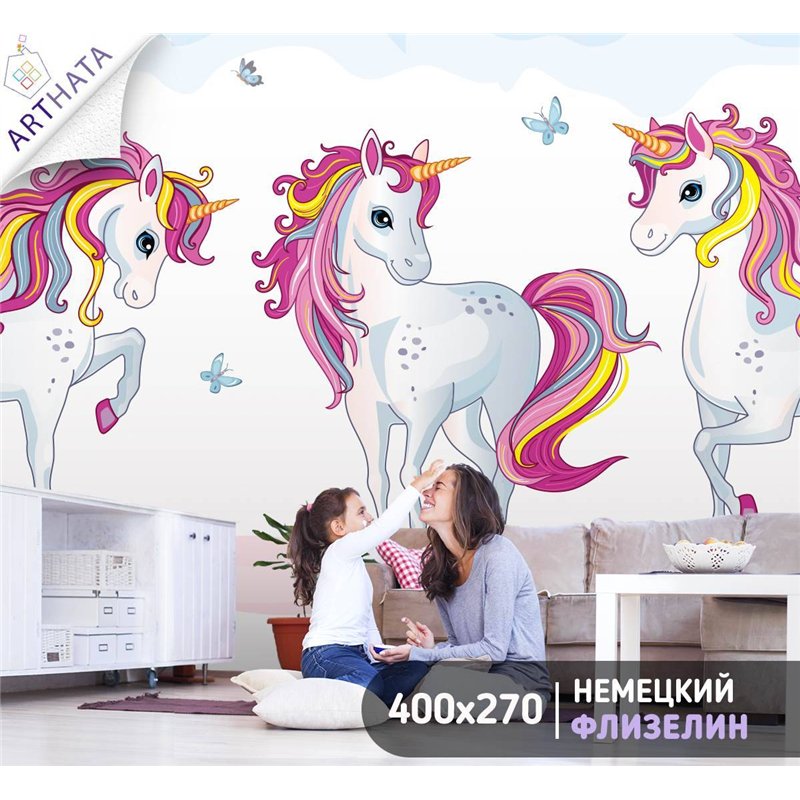Фотообои детские - волшебный единорог - 400x270. Фотообои в детскую комнату сказочный персонаж, лошадь, мультик моющиеся обои дл