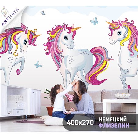 Фотообои детские - волшебный единорог - 400x270. Фотообои в детскую комнату сказочный персонаж, лошадь, мультик моющиеся обои дл