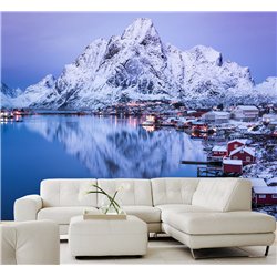 Фотообои заснеженная деревня и горы в зал моющиеся 500х270