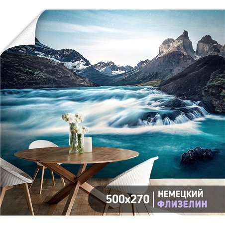 Фотообои пейзаж с горами и рекой для зала метровые 500х270