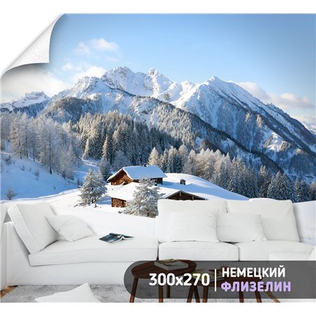 Фотообои домик в заснеженных горах для спальни 300х270