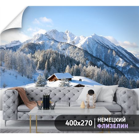 Фотообои горы в снегу и домик для зала моющиеся 400х270