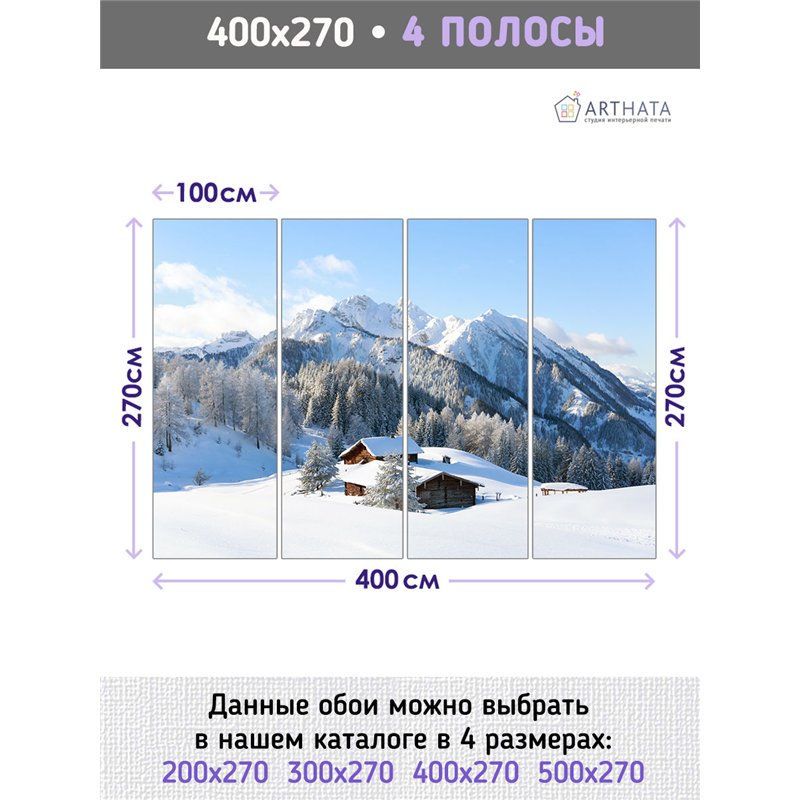 Фотообои горы в снегу и домик для зала моющиеся 400х270