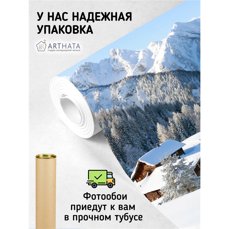 Фотообои горы в снегу и домик для зала моющиеся 400х270