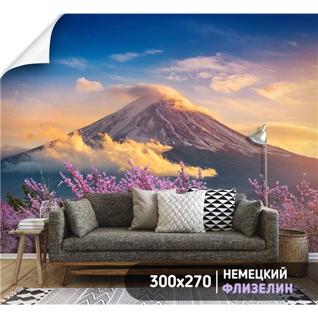 Фотообои пейзаж с горой и сакурой в зал флизелиновые 300х270