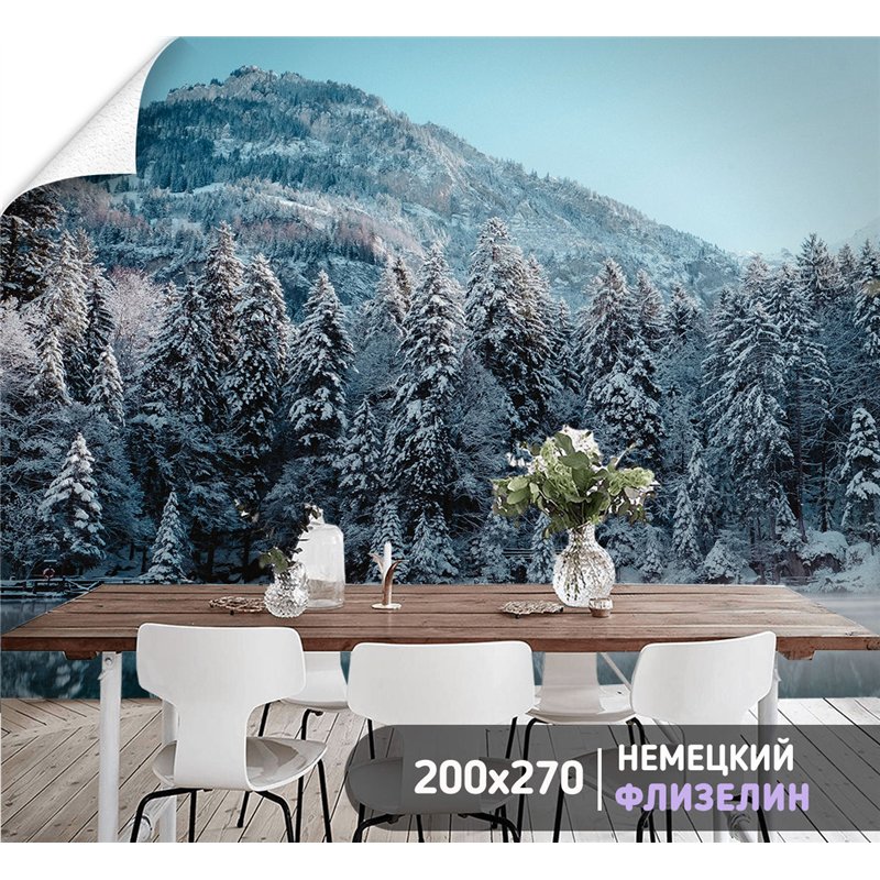 Фотообои заснеженный лес и горы для кухни метровые 200х270