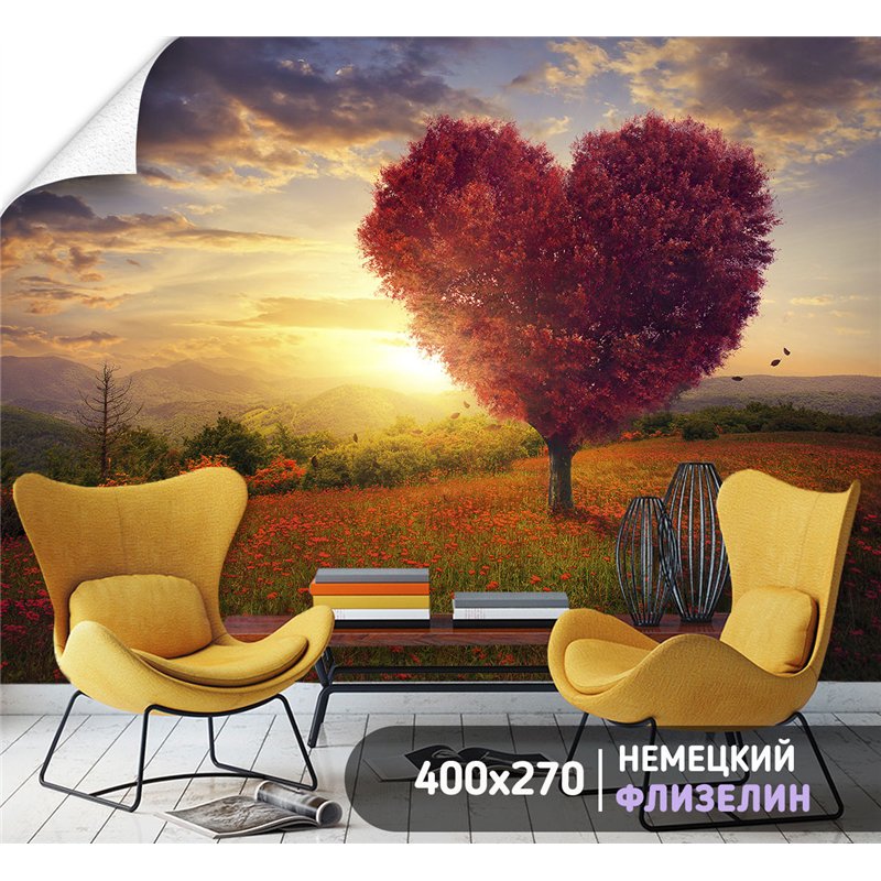Фотообои поле с деревом в виде сердца 3d для зала 400х270
