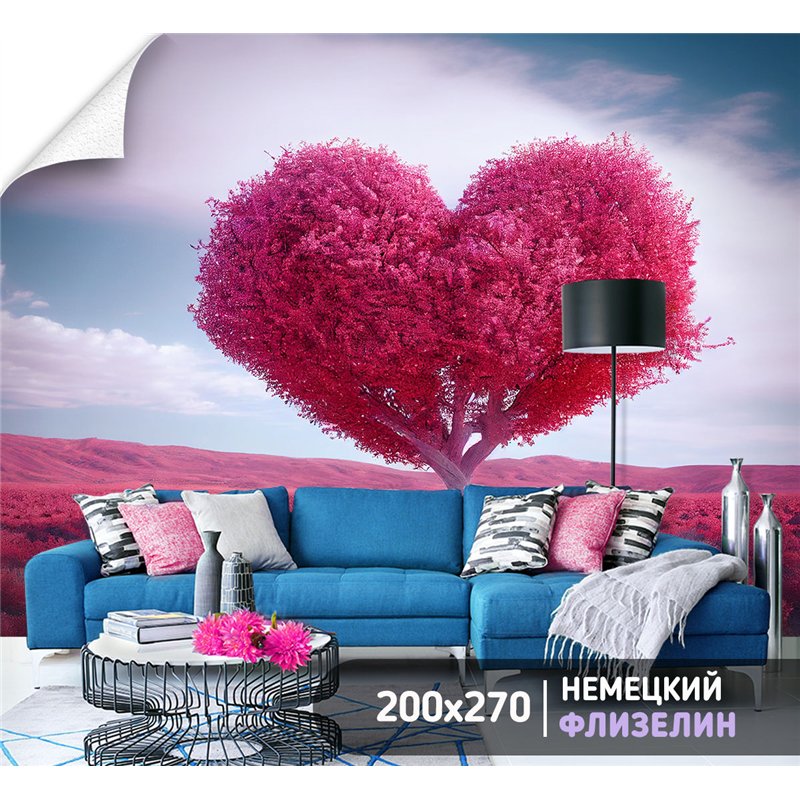 Фотообои розовое дерево на цветущем поле на кухню 200х270