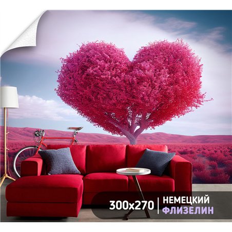 Фотообои розовый пейзаж с деревом для зала 300х270