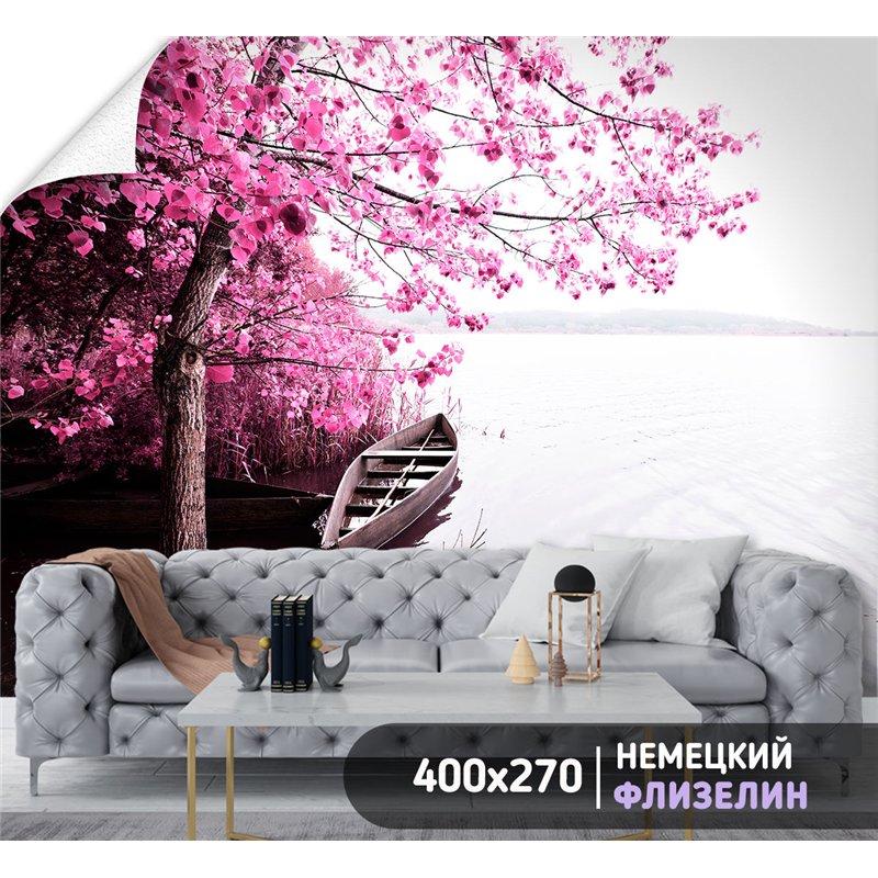 Фотообои озеро с лодкой и скакурой в зал 400х270