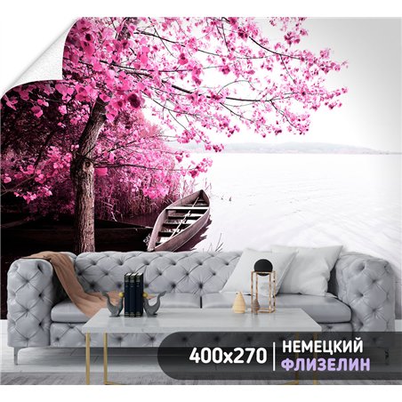 Фотообои озеро с лодкой и скакурой в зал 400х270