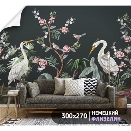 Фотообои цапли на темном фоне для спальни моющиеся 300х270