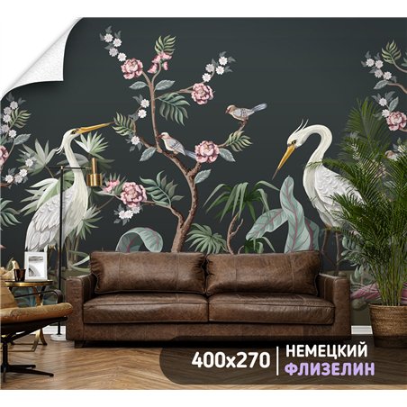 Фотообои цапли цветущие ветви для зала моющиеся 400х270