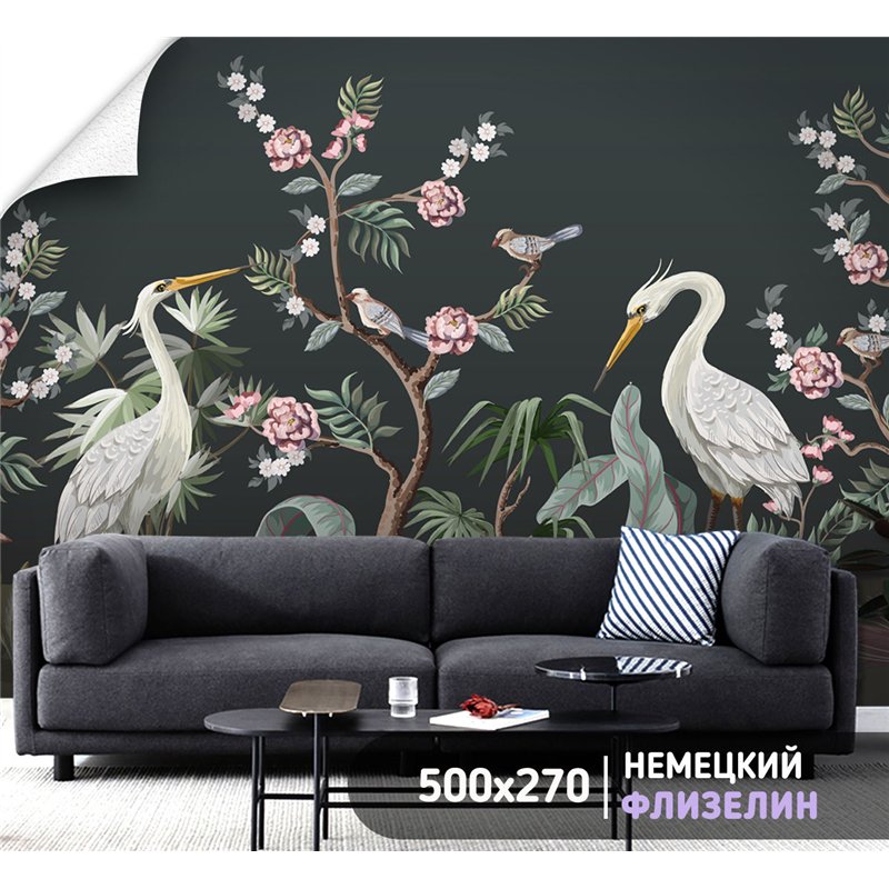 Фотообои фреска с цаплями и цветами на кухню 500х270