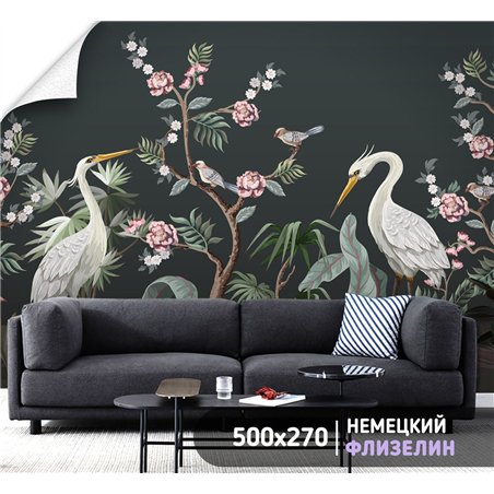 Фотообои фреска с цаплями и цветами на кухню 500х270