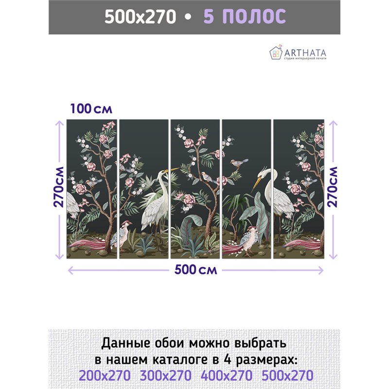 Фотообои фреска с цаплями и цветами на кухню 500х270