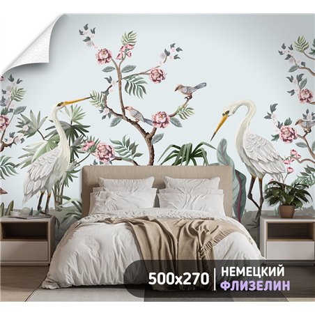Фотообои цапли цветущие деревья для кухни 500х270