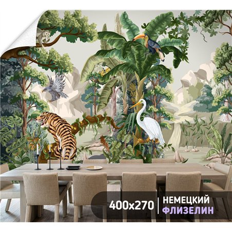 Фотообои фреска с тигром и цаплей флизелиновые 400х270