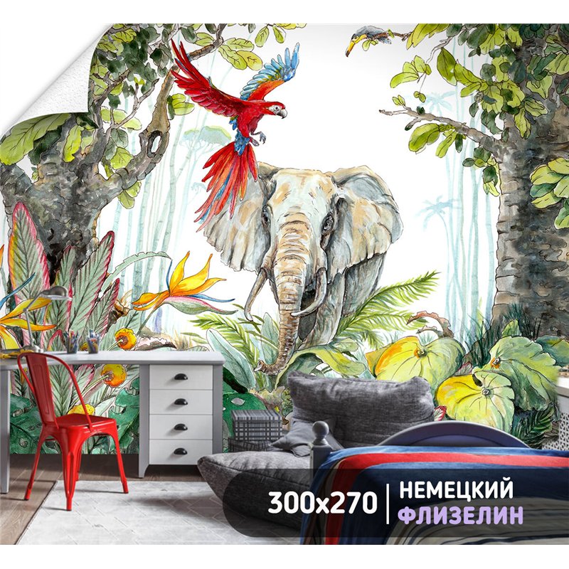 Фотообои фреска джунгли с животными 3д в зал 300х270