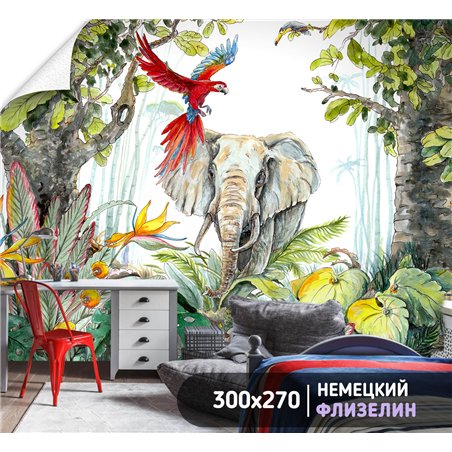 Фотообои фреска джунгли с животными 3д в зал 300х270