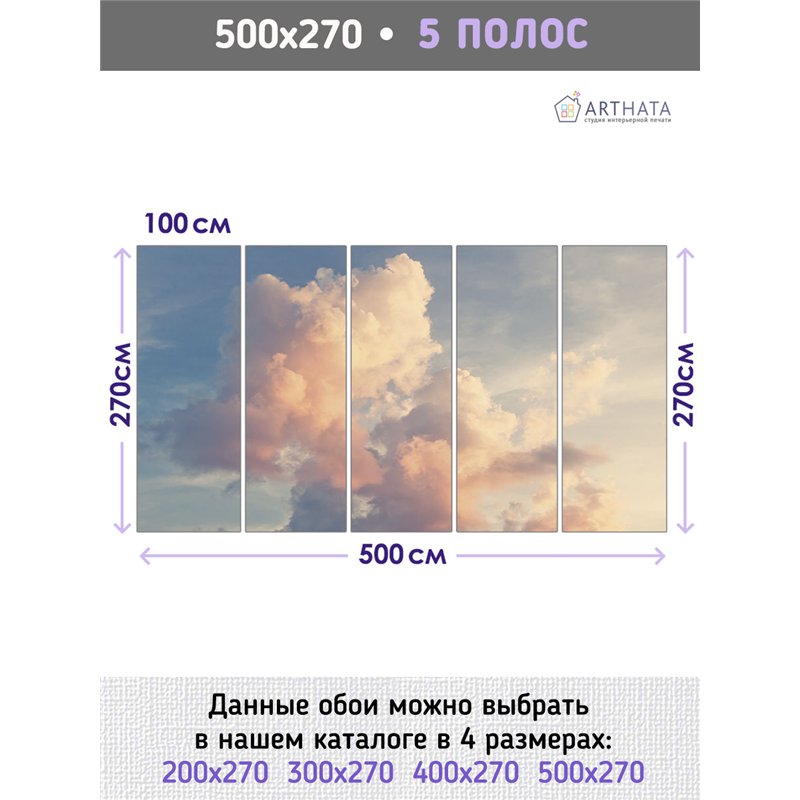 Фотообои розовые облака в небе на кухню флизелиновые 500х270