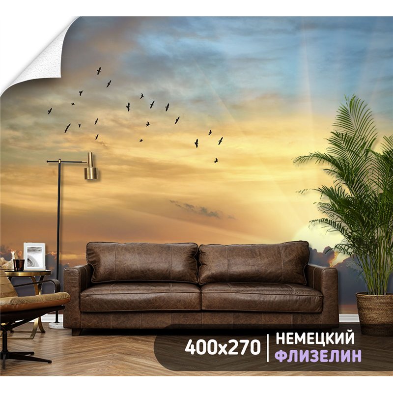 Фотообои закат и птицы для коридора флизелиновые 400х270