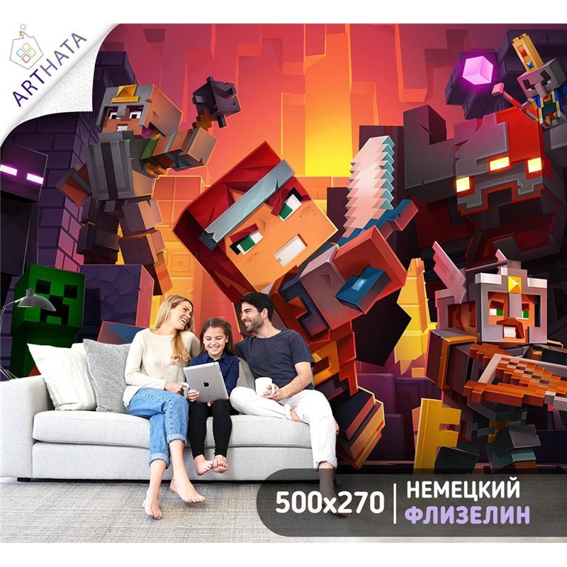 Фотообои в детскую - герои игры майнкрафт, Minecraft - 500x270. В детскую комнату для девочки, мальчика 3d фон, фэнтэзи, комикс,