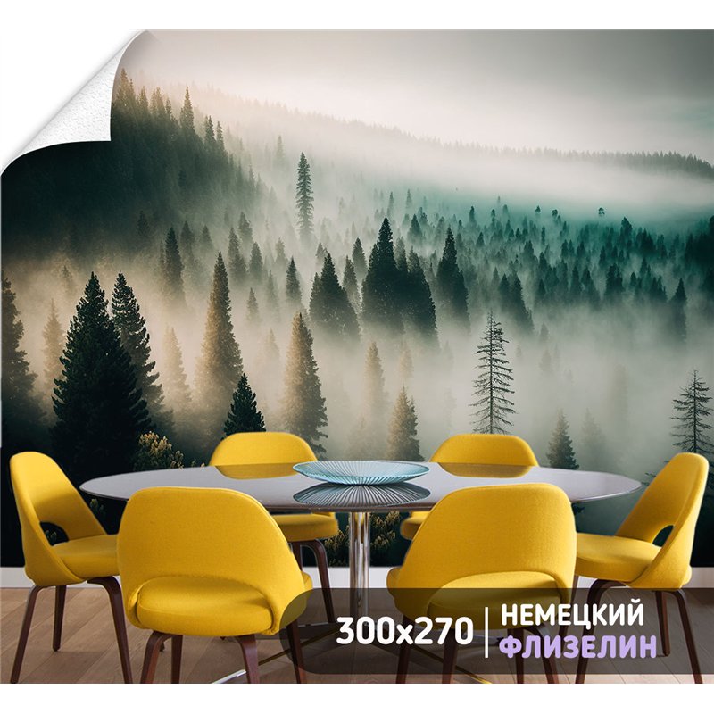 Фотообои Лес в тумане с солнечными лучами 300х270 см для оформления гостиной