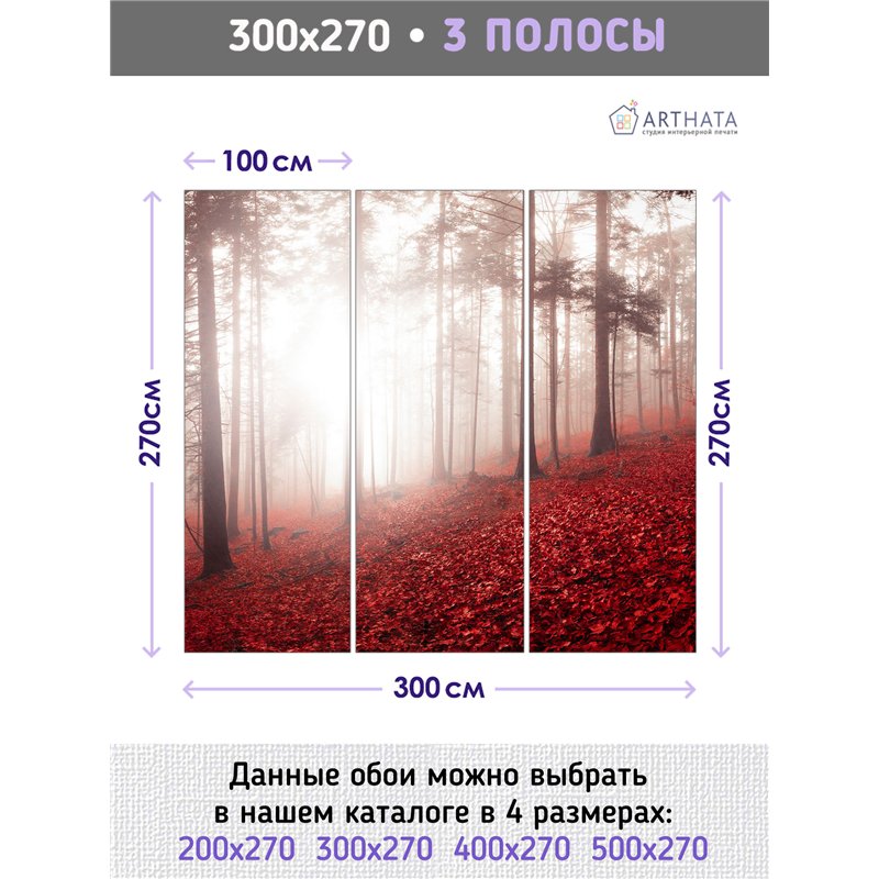 Фотообои Осенний красный лес в тумане 300х270 см для оформления гостиной