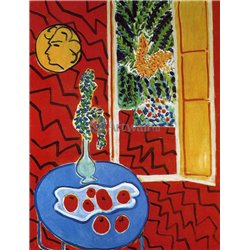 Красный интерьер с натюрмортом на голубом столе - Модульная картины, Репродукции, Декоративные панно, Декор стен