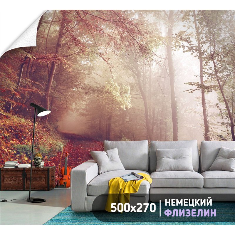 Фотообои Осенний красный лес в тумане 500х270 см для коридора
