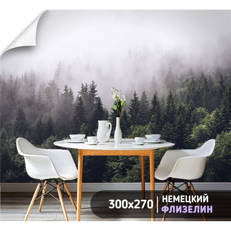 Фотообои Изумрудный лес в тумане 300х270 см для оформления гостиной