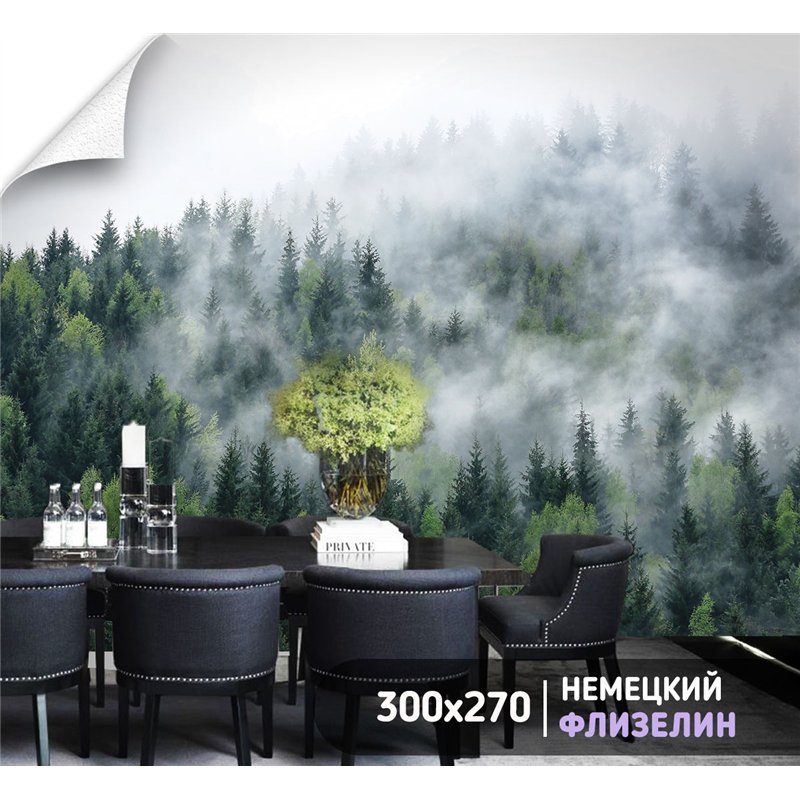 Фотообои Изумрудный лес в тумане 300х270 см для спальни