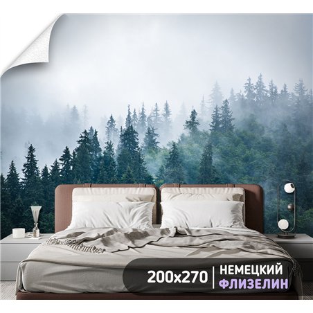 Фотообои Изумрудный лес в тумане 200х270 см для декорирования стен в зале