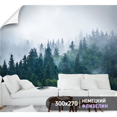 Фотообои Изумрудный лес в тумане 300х270 см для оформления стен в гостиной