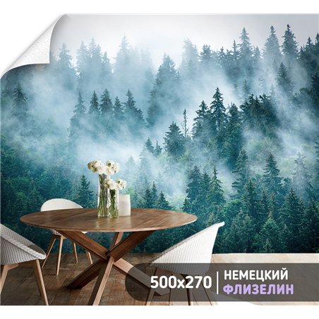 Фотообои Изумрудный лес в тумане 500х270 см для оформления стен в коридоре