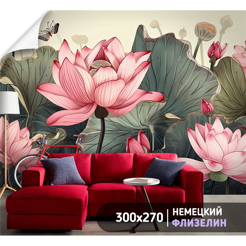 Фотообои розовый лотосы на кухню моющиеся 300х270