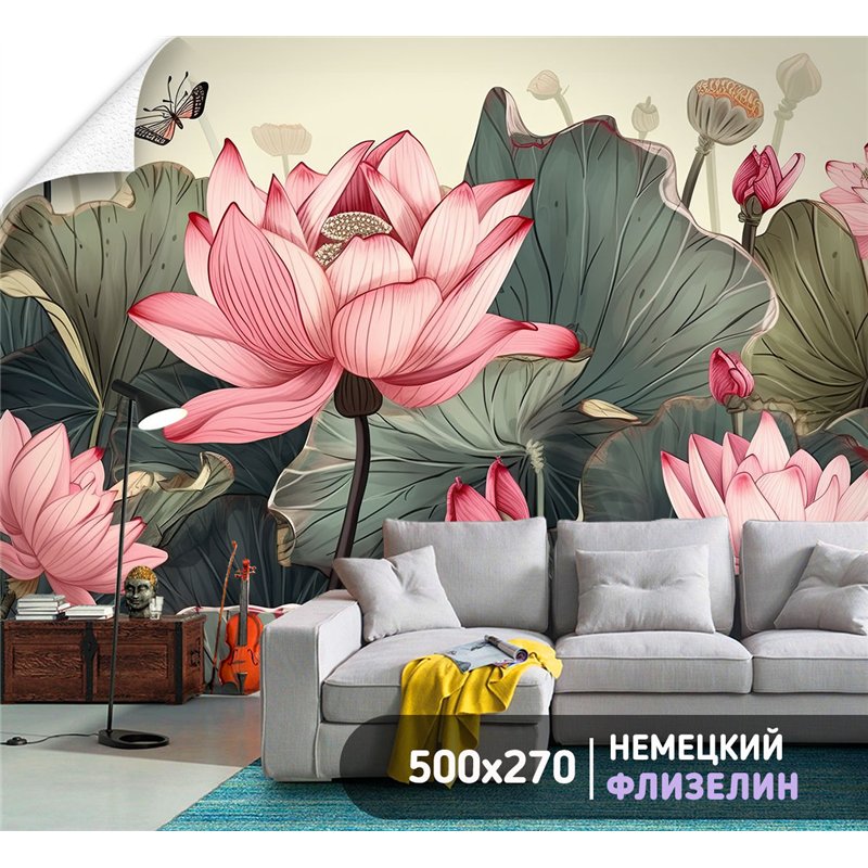 Фотообои розовый лотосы в зал флизелиновые 500х270