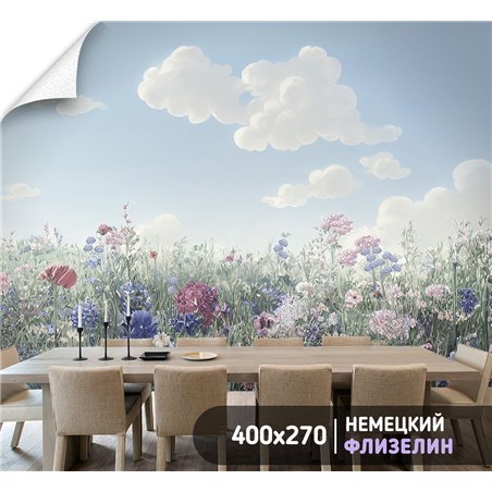 Фотообои цвущий луг и голубое небо на кухню метровые 400х270
