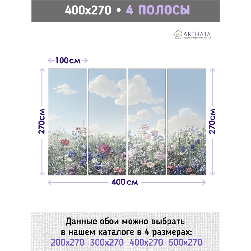 Фотообои цвущий луг и голубое небо на кухню метровые 400х270
