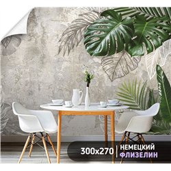 Фотообои тропические листья и бетон на кухню 300х270