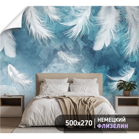 Фотообои белые перья на синем фоне на кухню метровые 500х270