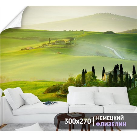 Фотообои зеленые холмы для спальни моющиеся 300х270