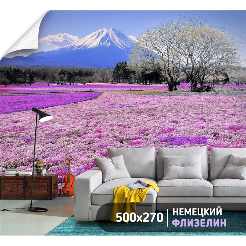 Фотообои пейзаж с цветами и горой моющиеся для кухни 500х270
