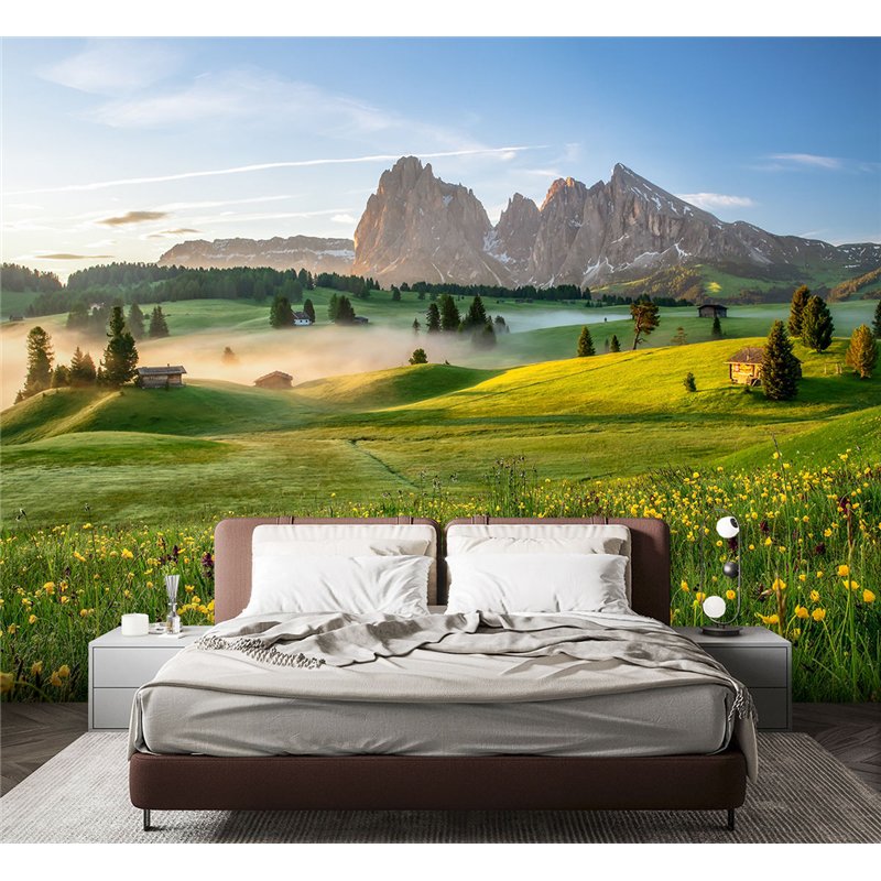 Фотообои пое в цветах с горами на кухню моющиеся 400х270
