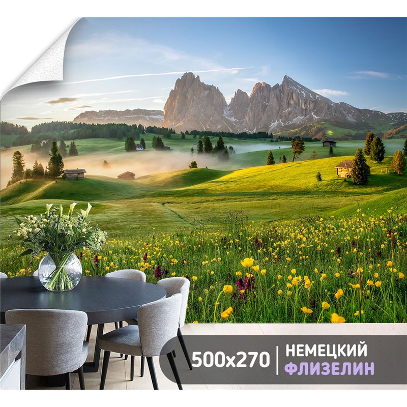 Фотообои цветущее зеленое поле у гор на кухню 500х270