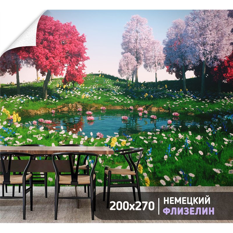 Фотообои цветущие деревья у озера для зала моющиеся 200х270