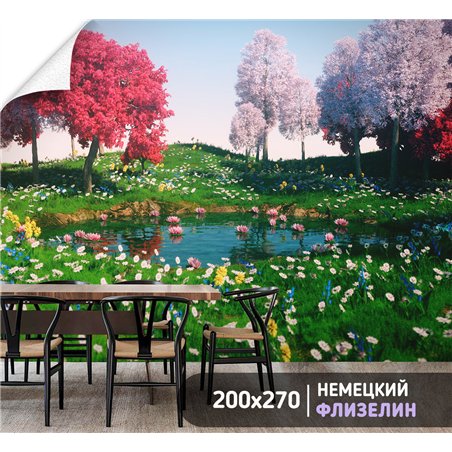 Фотообои цветущие деревья у озера для зала моющиеся 200х270